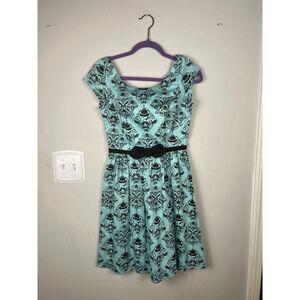 Rock Steady Clothing Rockabilly Dress S Teal Black Novelty Bow Made USA Pin Up
